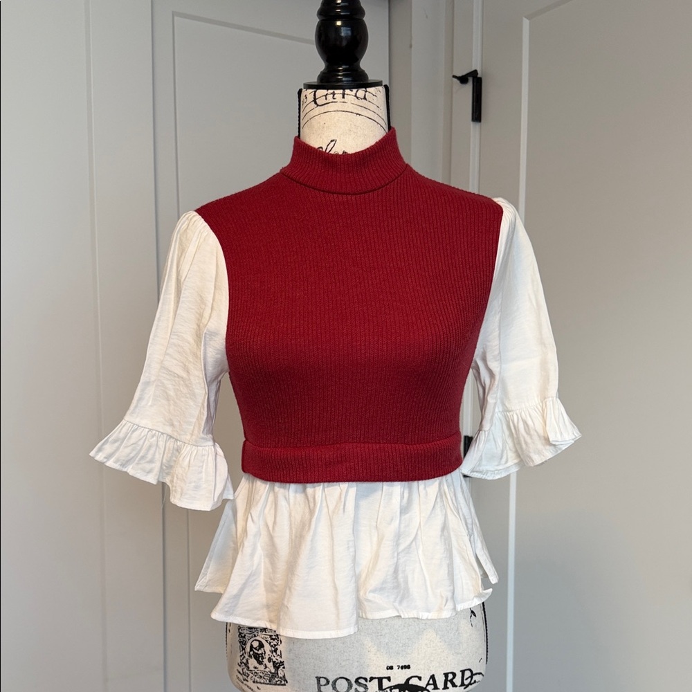 Anthropologie Red and White Ruffle Blouse